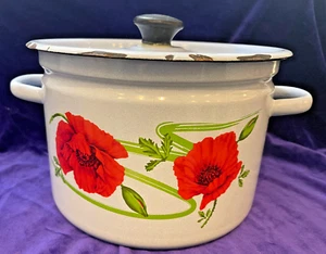 Vintage Enameled Covered Pot USSR Soviet Union Enamel w/ Poppies EUC - Picture 1 of 5