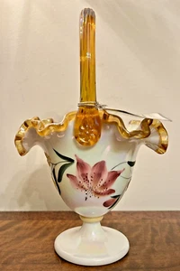 Fenton Art Glass Basket Gold Crest Iridescent Milk Elinor& Bill 50th Anniversary - Picture 1 of 12