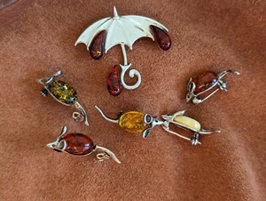 Henryka Amber Umbrella Mice Sterling Silver Brooch Pins Set - Picture 1 of 10