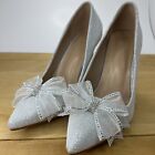 SHEIN Silver/white Bling Pumps W/ Bow Womens  9.5 EU 41 Wedding Shoe Heel Diamnd
