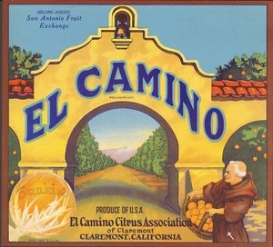 *Original* EL CAMINO 1930's CLAREMONT Mission Monk Orange Crate Label NOT A COPY - Picture 1 of 1