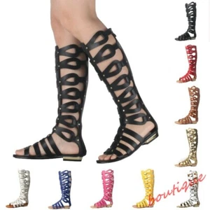Women Gladiator Roman Hollow Out Flat Sandals Knee High Boots Open Toe Zip Shoes - Picture 1 of 19