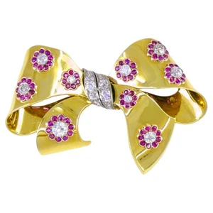 Retro Bow BROOCH Pin 18k Gold Ruby Diamond Estate Jewelry - Picture 1 of 5