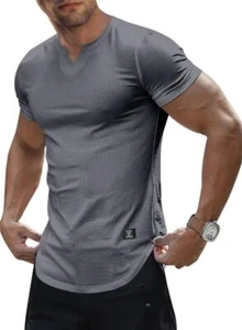 Mens Muscle Slim T Shirt V-Neck Longline Henley Shirt X-Large 1-V Neck A Grey - Picture 1 of 6