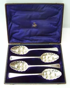 1801 CASED SET OF FOUR GEORGE III STERLING SILVER BERRY SPOONS. RICHARD CROSSLEY - Picture 1 of 24