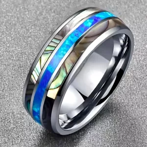 Stainless Steel Polished Blue Fire Opal and Abalone Inlaid 8mm Band Ring - Picture 1 of 2