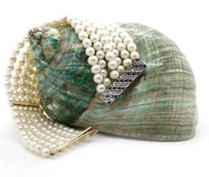 Six Strands Pearl Bracelet 18K Gold Clasp 0.44 Ct Black and White Diamonds 7.8" - Picture 1 of 7