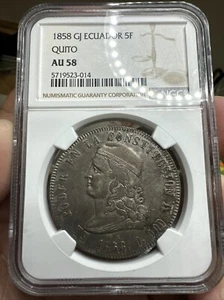 1858 GJ ECUADOR SILVER 5 FRANCOS NGC AU58 RARE - Picture 1 of 2