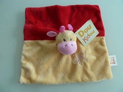 C6 - DOUDOU PLAT DOU KIDOU VACHE ROUGE JAUNE CREME NOEUD ROSE NEUF ETIQUETTE - Photo 1/2