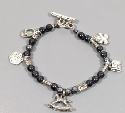Pulsera retro de 7" con dije de botín de oso bebé piedra hematita gris vidrio negro Foto 1 de 4