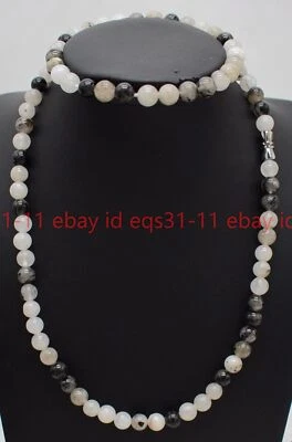 Natural 6/8/10mm Black Quartz Rutilated Round Gems Beads Necklace Bracelet Set Foto 1 de 4