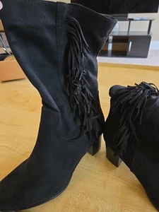 Women PU/Suede Wide Calf MID CALF Boots 2.5 Inch Heel FRINGE - Picture 1 of 6