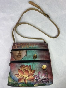 Anushka India Lotus Crossbody Purse Handpainted Floral Gold Leather Excellent - Picture 1 of 24