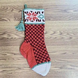 Vintage Weihnachten Strumpf Wolle handgestrickt Erbstück rot kariert mit Quaste 21" - Bild 1 von 6