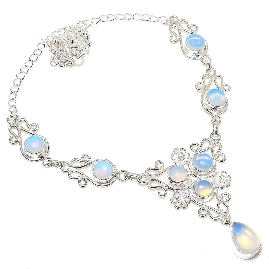 Collar de joyería de plata de ley 925 hecho a mano con piedras preciosas de opalita lechosa talla 18" Foto 1 de 1