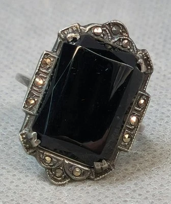 Antiguo Anillo ART DECO Esterlina ÓNIX NEGRO MARCASITA TALLA 7 Foto 1 de 4