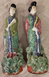 Pair Antique Chinese Porcelain Figurine Woman Lady Clouds Famille Verte 10.5" - Picture 1 of 24