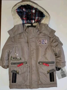NWT 12M Baby Boy London Fog Hood Coat Tan Zipper Pockets Embroidered - Picture 1 of 4