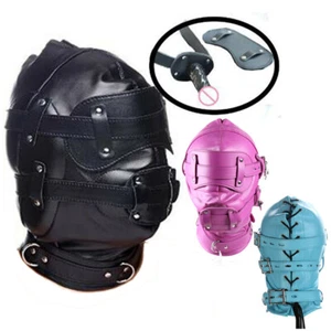 Maschera copricapo cappuccio bondage con bocca staccabile bavaglio spina benda BDSM schiavo - Foto 1 di 81