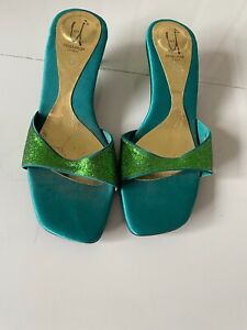 Vintage Y2K Shalimar Green Sparkle Slip on Mule Kitten Heels, Size 6