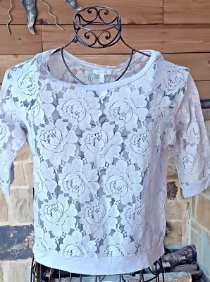 Vintage y2k Delias M Pale Gray Sheer Lace Short Sleeve Women's Blouse Top - Image 1 of 4