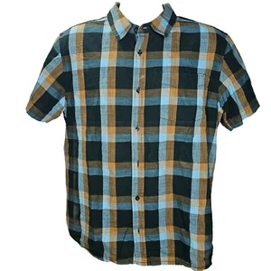 Prana Organic Button Up Shirt Mens M Blue Teal Brown Plaid Short Sleeve Outdoors - Picture 1 of 12