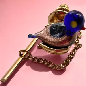 Vintage Swank Glass Blue Tie Tac Pin Gold Tone Audubon Aviary Father Mother L669 - Picture 1 of 12