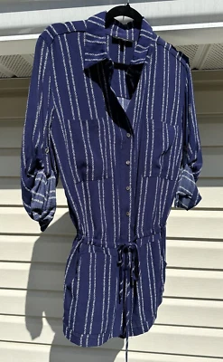 Romper Oliváceo Azul Branco Listrado M Manga Longa Bolsos Cordão - Imagem 1 de 4