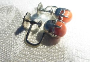 AMAZING Vintage 8k White Gold CORAL Screw back EARRINGS Great on