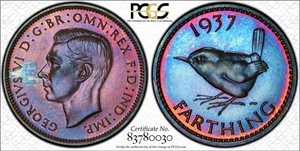 1937 GEORGE VI PROOF PCGS PR65RB FARTHING INSANE TONER STUNNER GREAT BRITAIN - Picture 1 of 13