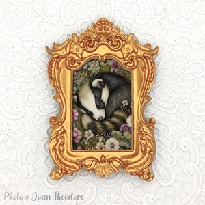 Sleeping Badger and Flowers, Mini Art Print in Gold Vintage Style Ornate Frame - Picture 1 of 2
