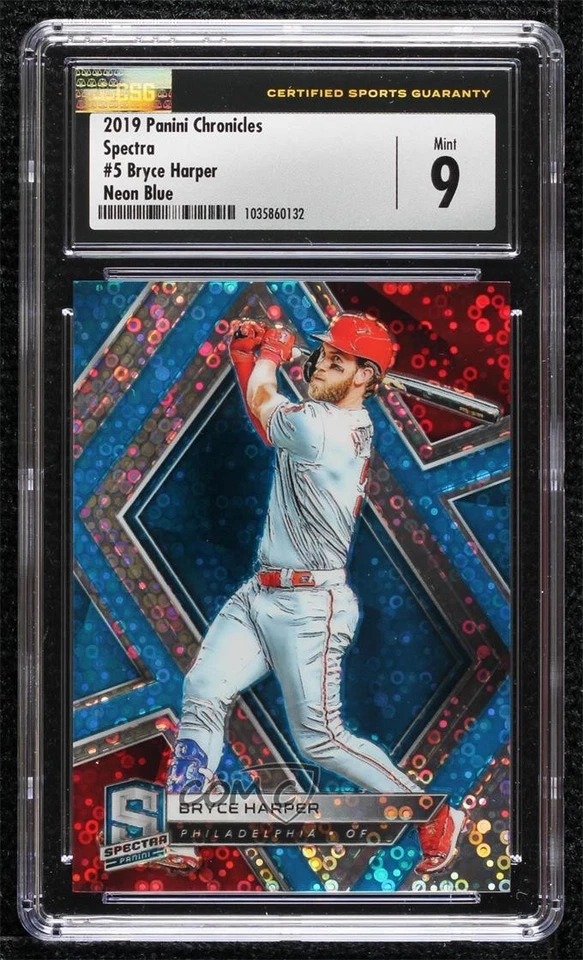 2019 Panini Chronicles Spectra Neon Blue Prizm /99 Bryce Harper #5 CSG 9 Mint - Image 1 of 2