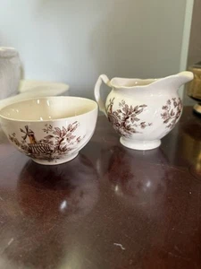 PASTORALE Toile de Jouy by JOHNSON BROS Brown Tan CREAM & SUGAR 2 PCS SET - Picture 1 of 7