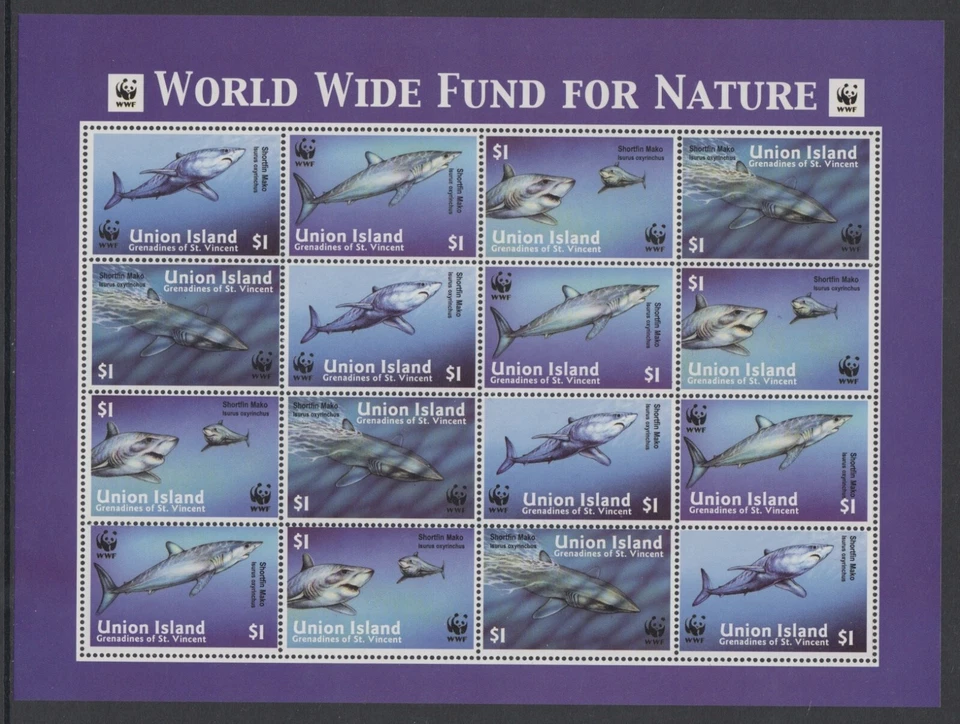 UNION ISLAND - Wwf, 2002 peces, vida marina, aleta corta Mako hoja MNH / RRBA318 Foto 1 de 1
