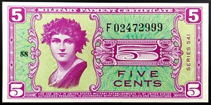 Series 541 5¢, Five Cents, Military Payment Certificate *REPLACEMENT*! UNC! - Picture 1 of 5