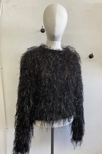 Vintage SIDE EFFECTS Disco Black Fringe Gold Metallic Lurex Knit Sweater Small - Picture 1 of 12