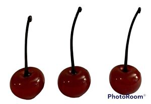 3 Vintage MCM Art Glass Red Cherries Stems Sculpture Murano? 2 7/8”