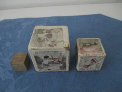 ANTIQUE PAIR CHILDRENS LITHOGRAPH CARDBOARD STACKING NESTING BUILDING BLOCKS AZ7 - Image 1 of 4