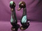 Standing Ducks Pair of Dark Green Drip Glaze Pottery 11" Figurines
