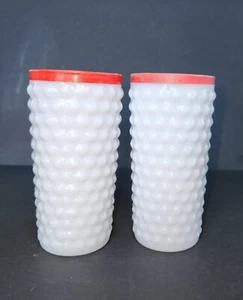 2 Pc. Milk Glass Hobnail Tumblers Red/Berry Band Rim Mid Century Drinkware 1950s - Picture 1 of 5