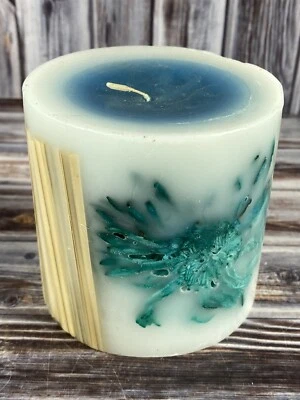 Kohl's Bamboo & Green Flowers Embedded Blue Pillar Candle - 15 oz - 3.5" - Image 1 of 4