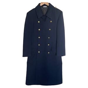 US Navy Military Wool Pea Trench Coat East Germany Full Length Mens Size 44 Blue