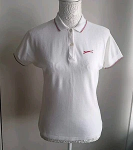 SLAZENGER POLO T-SHIRT WHITE RED CUFFS 100% COTTON WOMENS 10 MADE IN BRITAIN - Picture 1 of 8