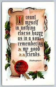 A Happy New Year Seal, Scroll, Shakespeare Quote, Antique 1911 Tuck Postcard - Imagen 1 de 2