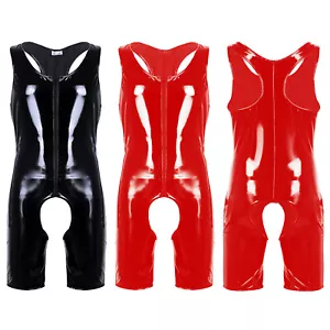 Men's Glossy Patent Leather Sleeveless Crotchless Leotard Bodysuit Underwear - Picture 1 of 24