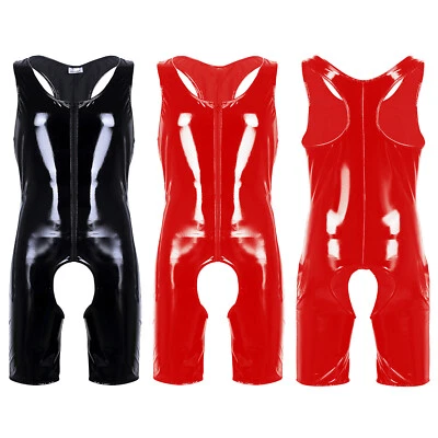 UK Men Wet Look PVC Leather Front Zipper Boxer Shorts Leotard One Piece Bodysuit - Image 1 of 2