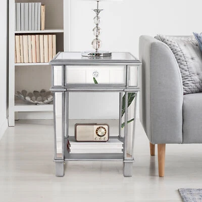 Silver Mirrored End Table with 1 Chest of Drawer Sofa Side Accent Table Storage