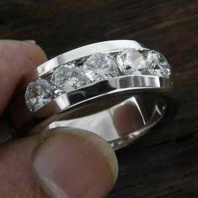 14K White Gold Plated 5 Ct Round Moissanite Men's 5-Stone Wedding Ring Size 10 - Image 1 of 4