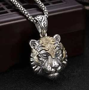 Necklace Silver Head Pendant Men's Fashion Jewelry Tiger - Picture 1 of 12