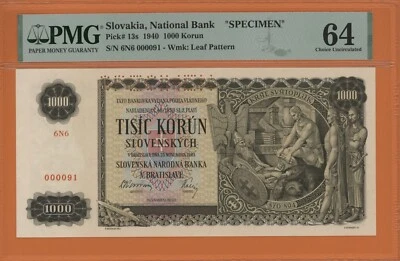 SLOVAKIA  SPECIMEN 1000 KORUN  1940  PICK # 13s PMG 64 CHOICE UNCIRCULATED. - Image 1 of 2